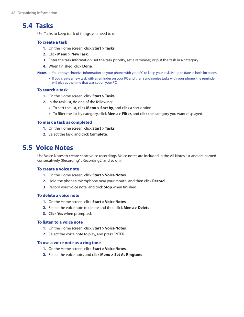 4 tasks, 5 voice notes, 4 tasks 5.5 voice notes | HTC Ozone CEDA100 User Manual | Page 48 / 102
