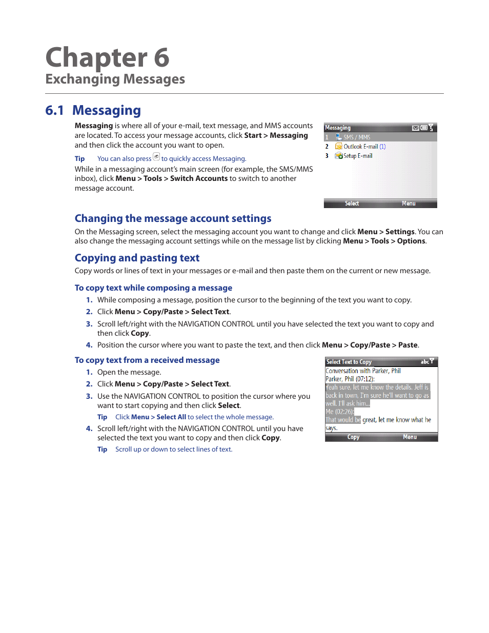 Chapter 6 exchanging messages, 1 messaging, Changing the message account settings | Copying and pasting text, Chapter 6, Exchanging messages 6.1 messaging | HTC Ozone CEDA100 User Manual | Page 49 / 102