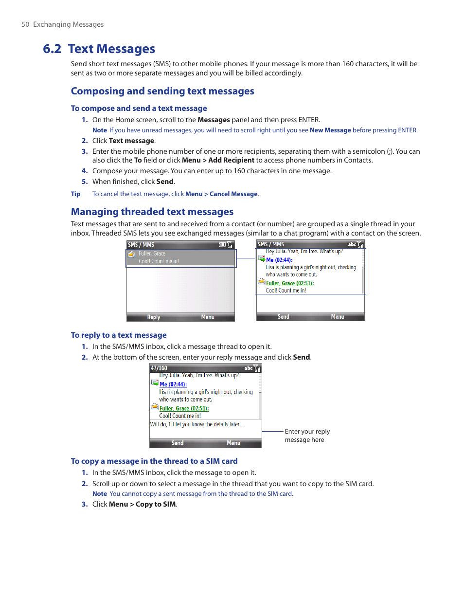 2 text messages, Composing and sending text messages, Managing threaded text messages | HTC Ozone CEDA100 User Manual | Page 50 / 102