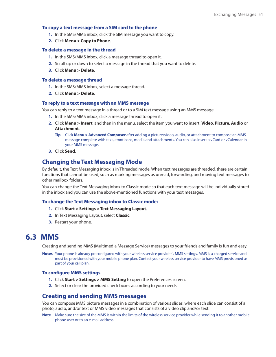 Changing the text messaging mode, 3 mms, Creating and sending mms messages | HTC Ozone CEDA100 User Manual | Page 51 / 102