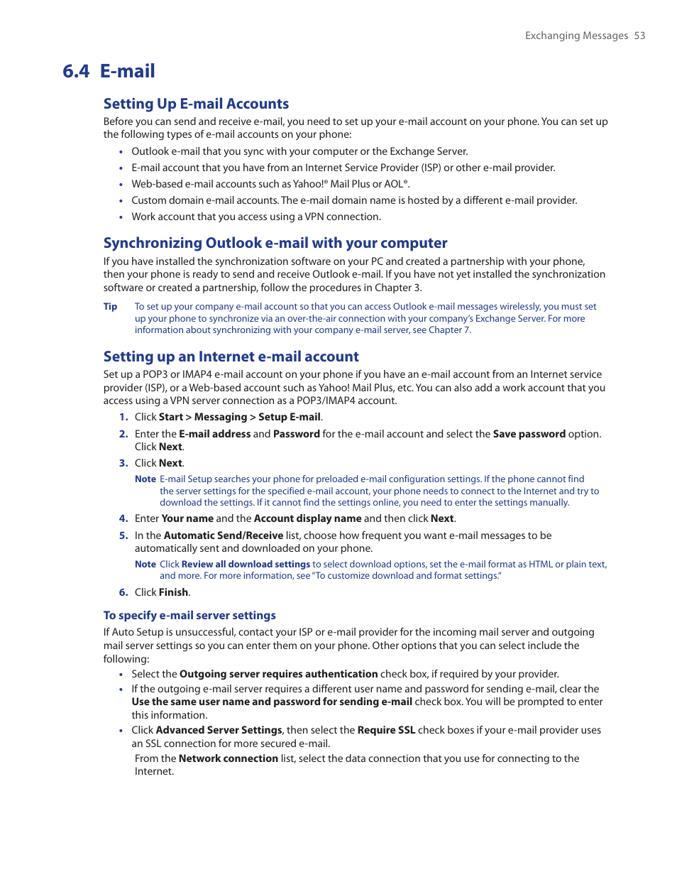 4 e-mail, Setting up e-mail accounts, Synchronizing outlook e-mail with your computer | Setting up an internet e-mail account | HTC Ozone CEDA100 User Manual | Page 53 / 102