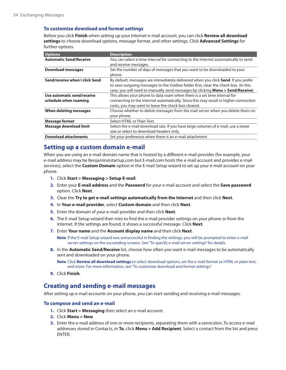 Setting up a custom domain e-mail, Creating and sending e-mail messages | HTC Ozone CEDA100 User Manual | Page 54 / 102