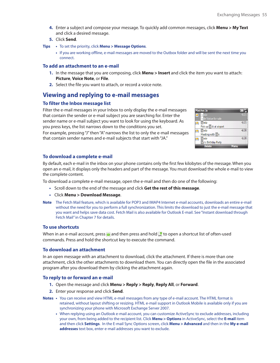 Viewing and replying to e-mail messages | HTC Ozone CEDA100 User Manual | Page 55 / 102