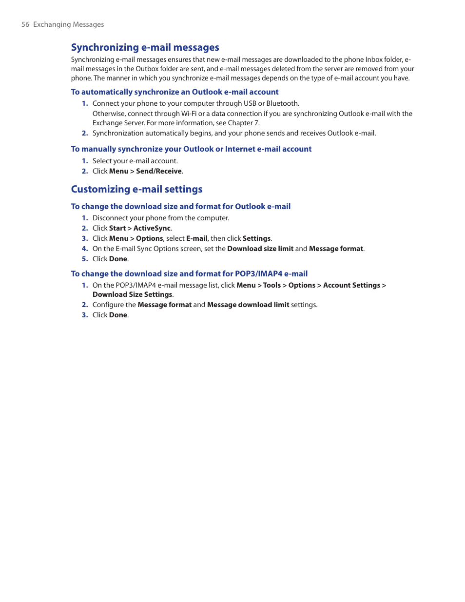 Synchronizing e-mail messages, Customizing e-mail settings | HTC Ozone CEDA100 User Manual | Page 56 / 102