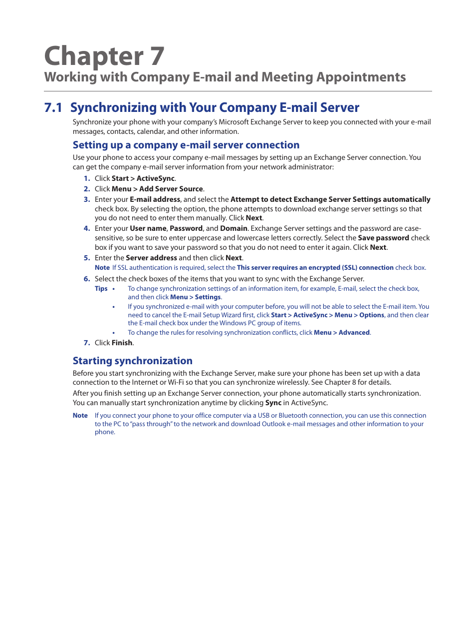 1 synchronizing with your company e-mail server, Setting up a company e-mail server connection, Starting synchronization | Chapter 7 | HTC Ozone CEDA100 User Manual | Page 57 / 102