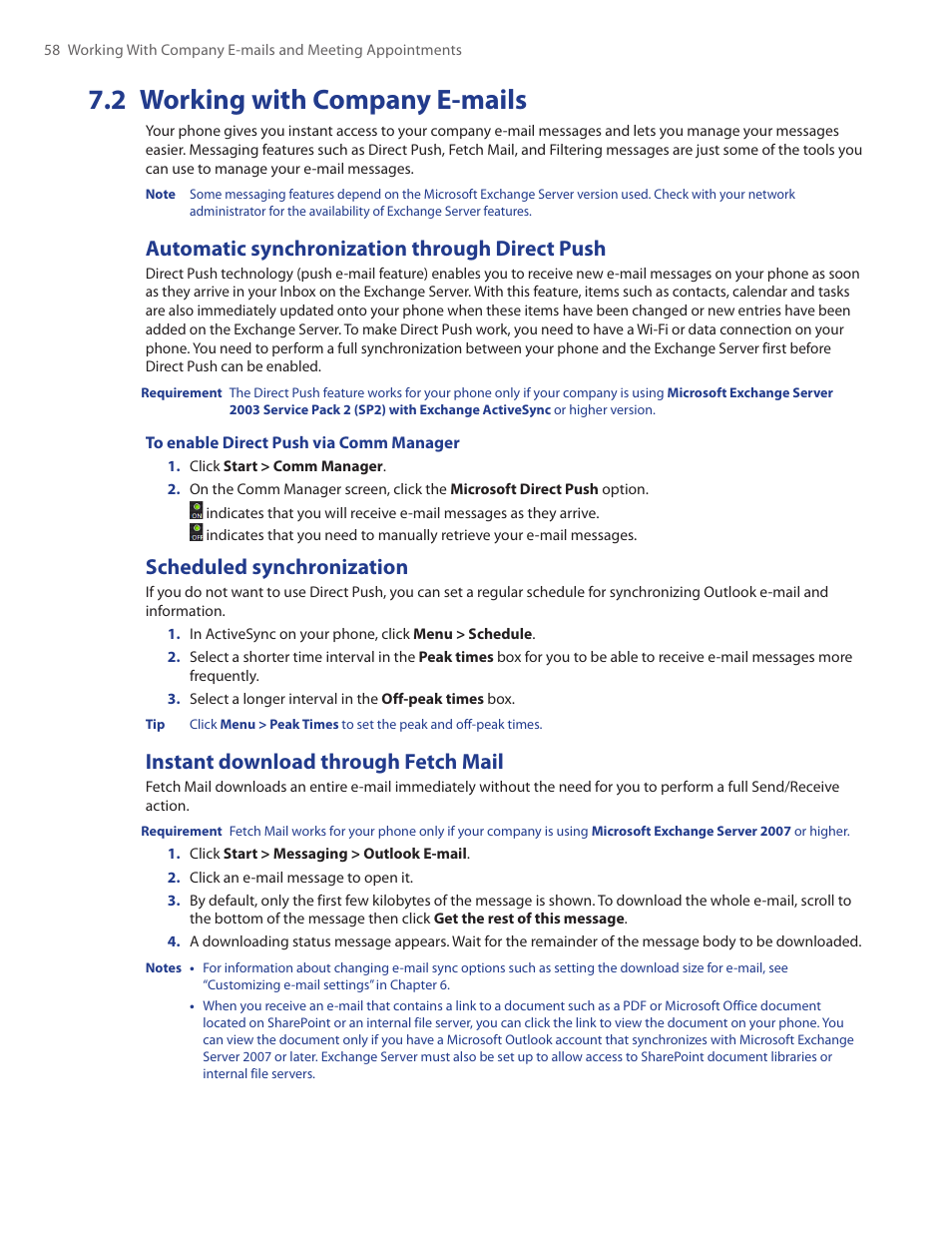 2 working with company e-mails, Automatic synchronization through direct push, Scheduled synchronization | Instant download through fetch mail | HTC Ozone CEDA100 User Manual | Page 58 / 102
