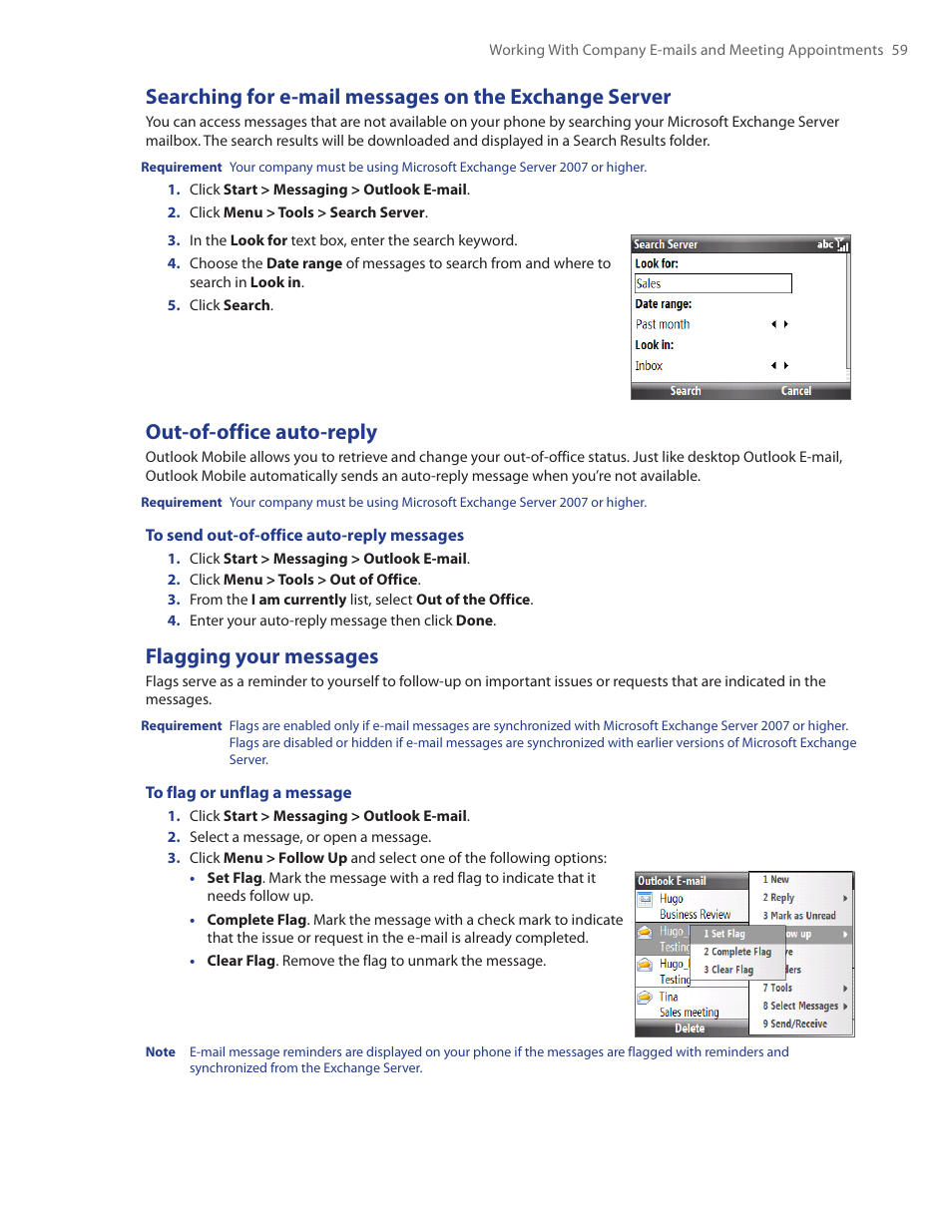 Out-of-office auto-reply, Flagging your messages | HTC Ozone CEDA100 User Manual | Page 59 / 102