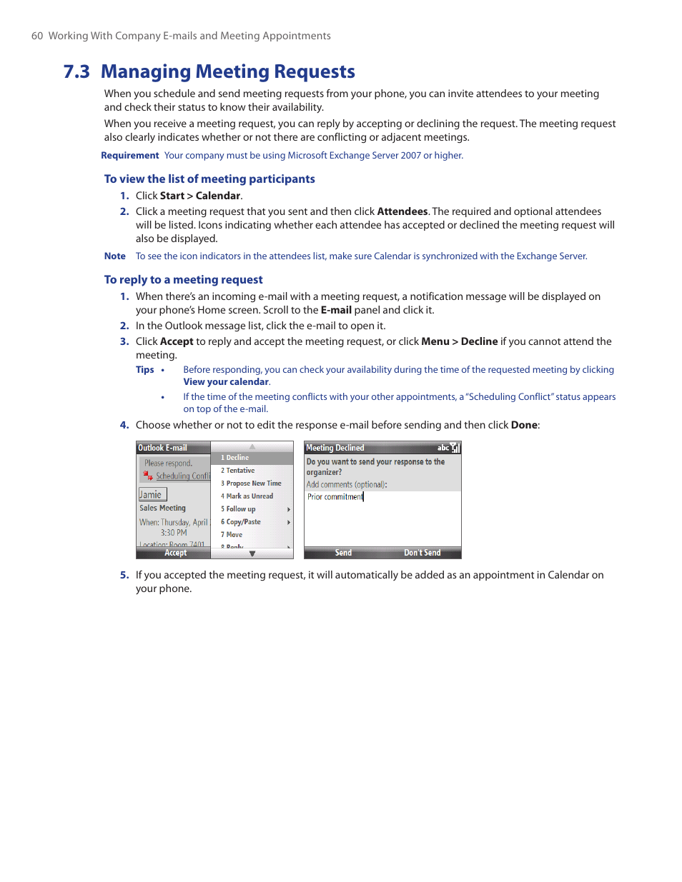 3 managing meeting requests | HTC Ozone CEDA100 User Manual | Page 60 / 102