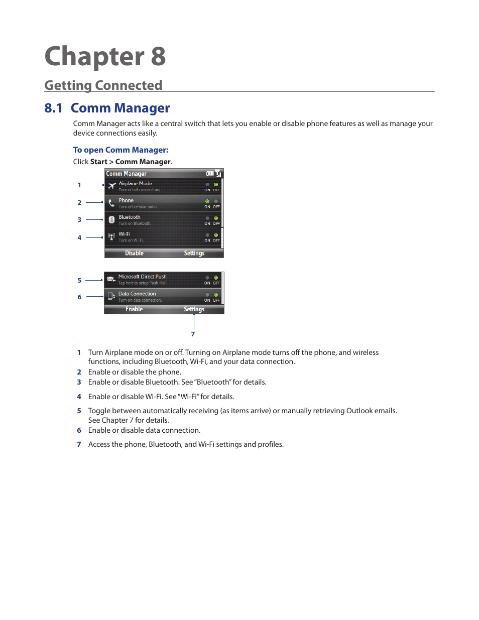 Chapter 8 getting connected, 1 comm manager, Chapter 8 | Getting connected 8.1 comm manager | HTC Ozone CEDA100 User Manual | Page 63 / 102