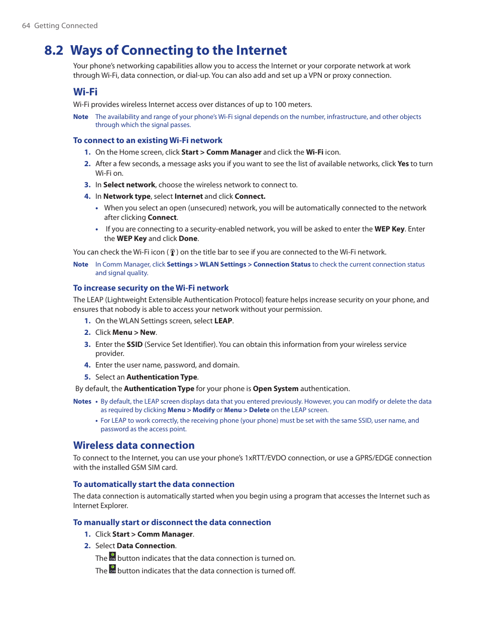 2 ways of connecting to the internet, Wi-fi, Wireless data connection | Wi-fi wireless data connection | HTC Ozone CEDA100 User Manual | Page 64 / 102