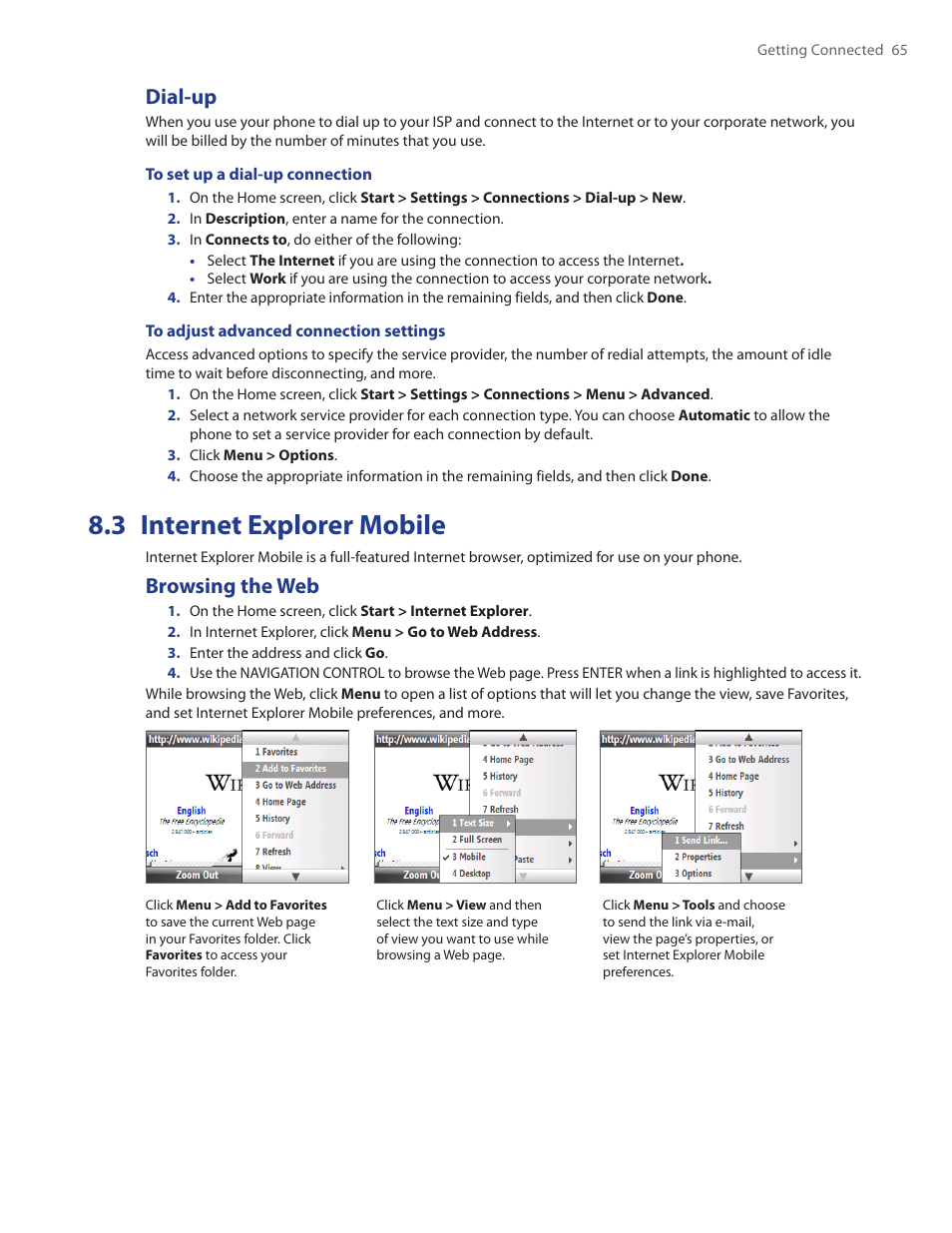 Dial-up, 3 internet explorer mobile, Browsing the web | HTC Ozone CEDA100 User Manual | Page 65 / 102