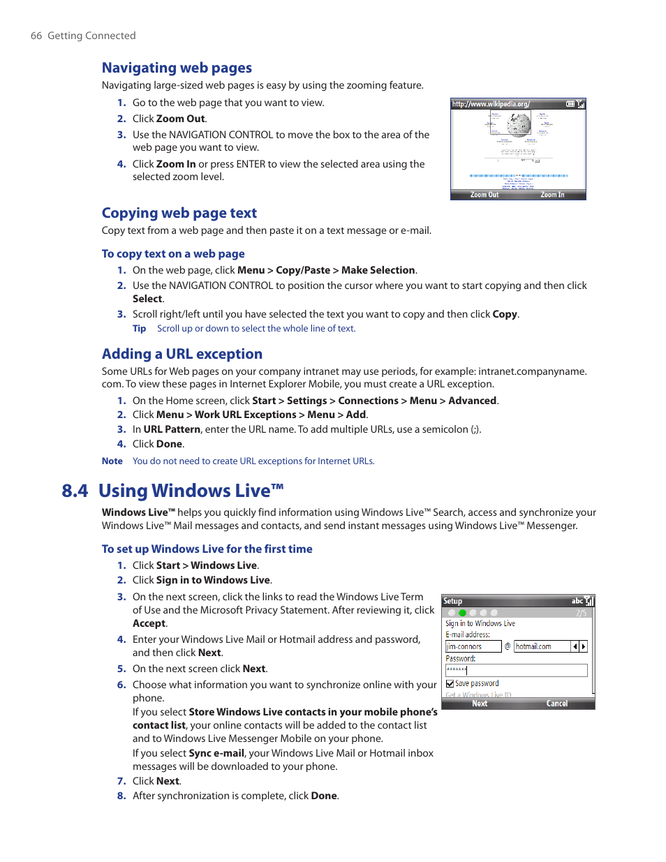 Adding a url exception, 4 using windows live, Navigating web pages | Copying web page text | HTC Ozone CEDA100 User Manual | Page 66 / 102