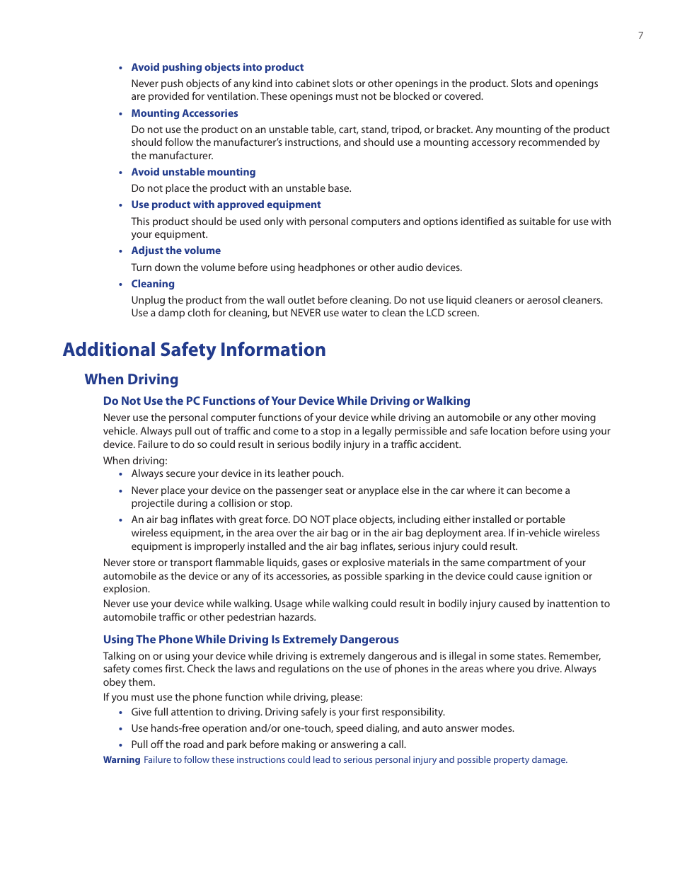 Additional safety information, When driving | HTC Ozone CEDA100 User Manual | Page 7 / 102