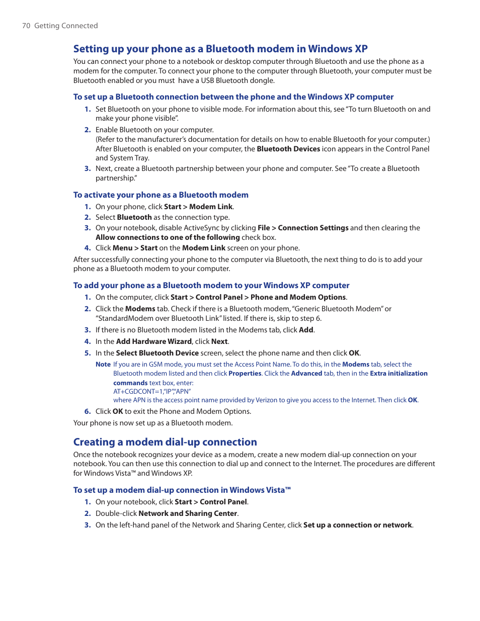 Creating a modem dial-up connection | HTC Ozone CEDA100 User Manual | Page 70 / 102