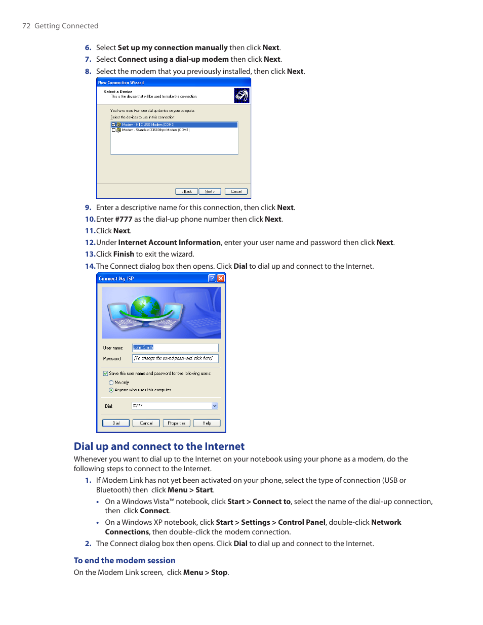 Dial up and connect to the internet | HTC Ozone CEDA100 User Manual | Page 72 / 102