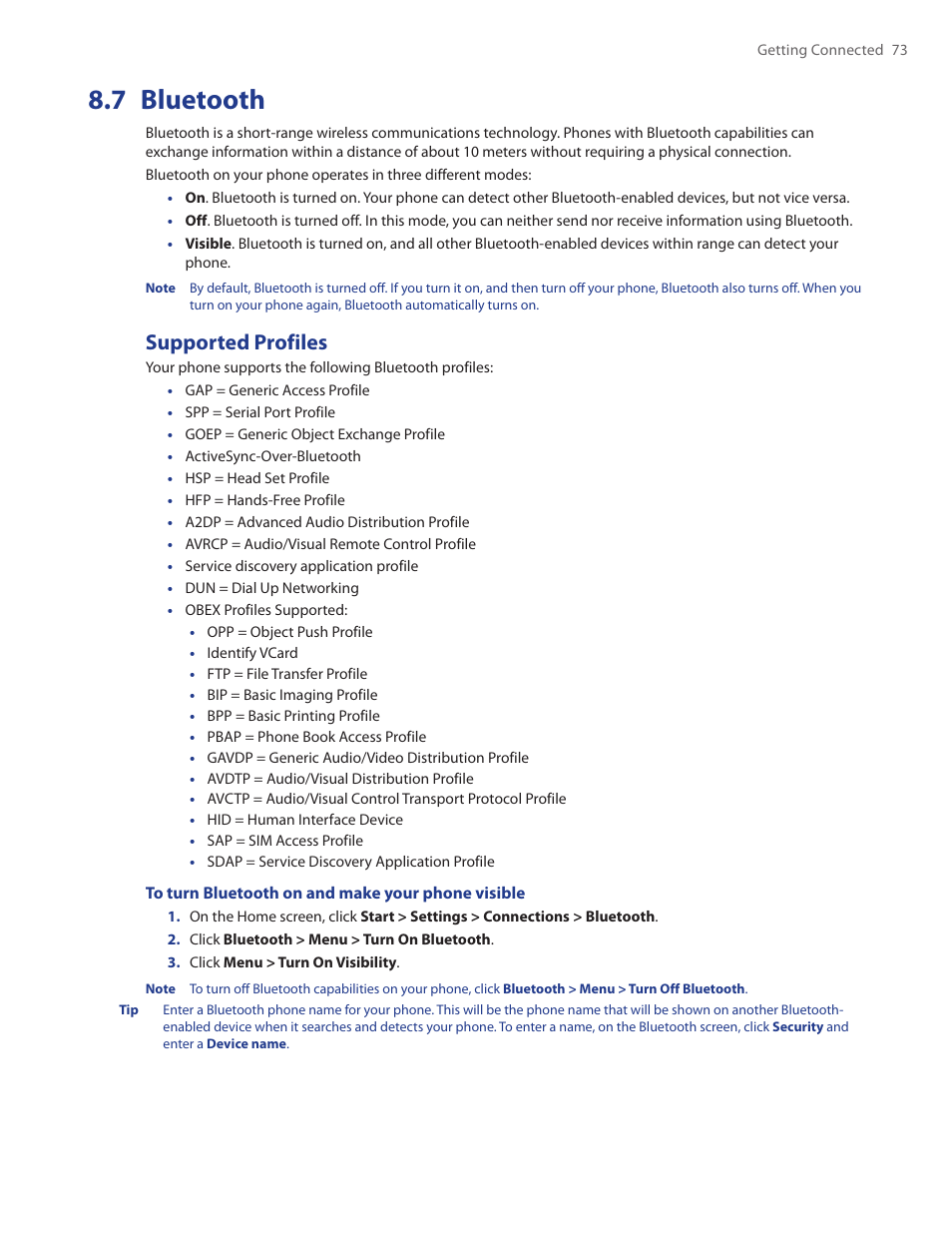 7 bluetooth, Supported profiles | HTC Ozone CEDA100 User Manual | Page 73 / 102
