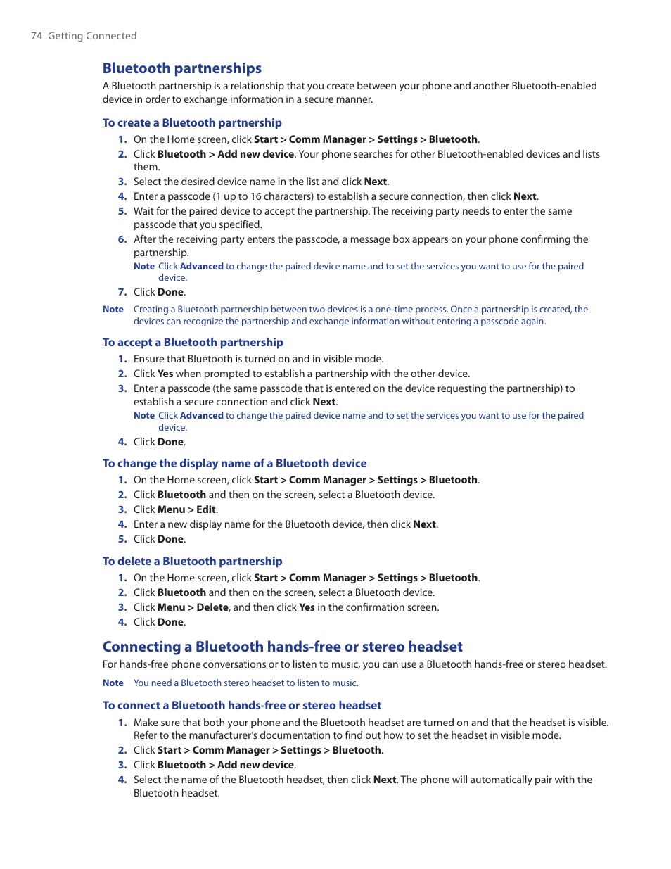Bluetooth partnerships | HTC Ozone CEDA100 User Manual | Page 74 / 102
