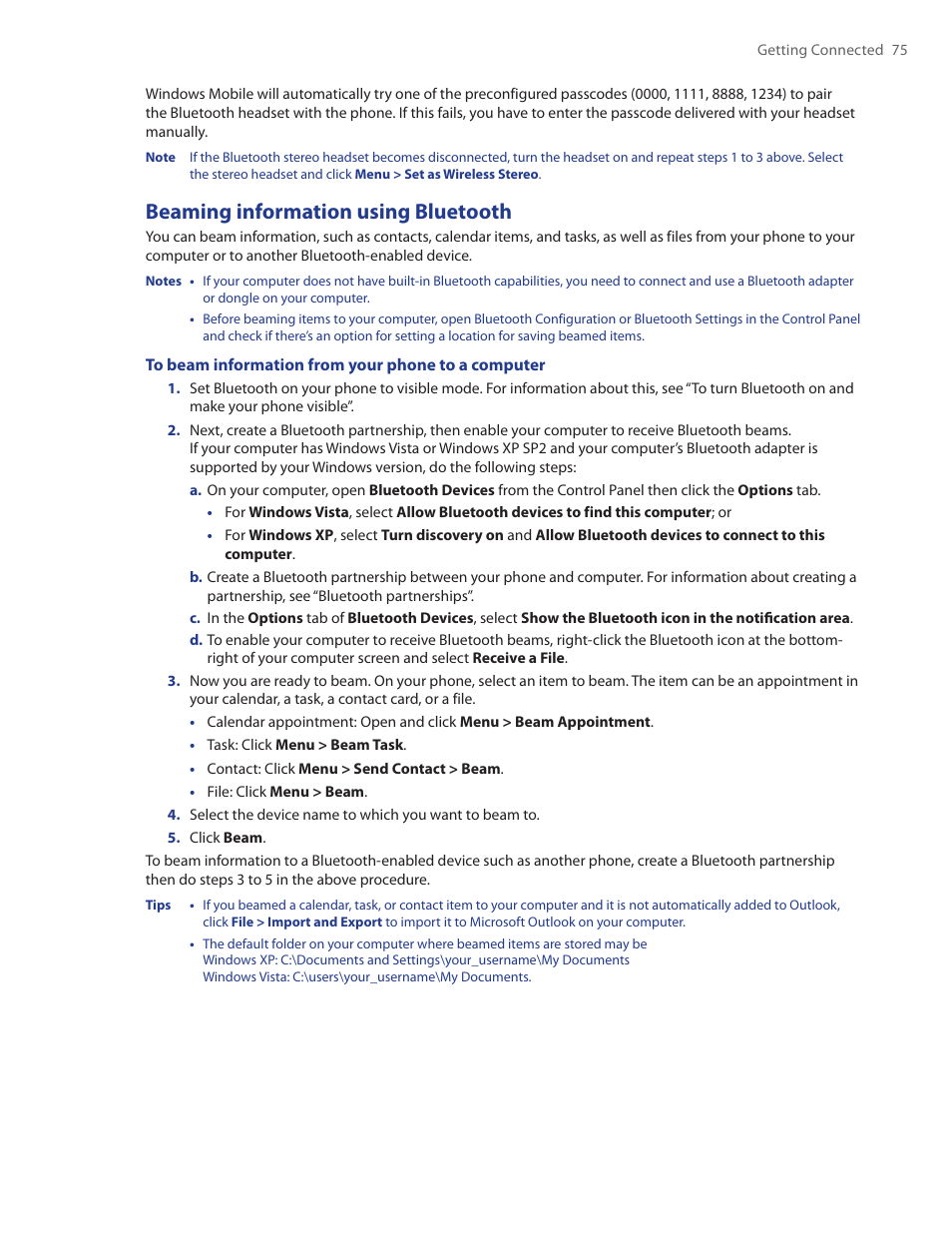 Beaming information using bluetooth | HTC Ozone CEDA100 User Manual | Page 75 / 102