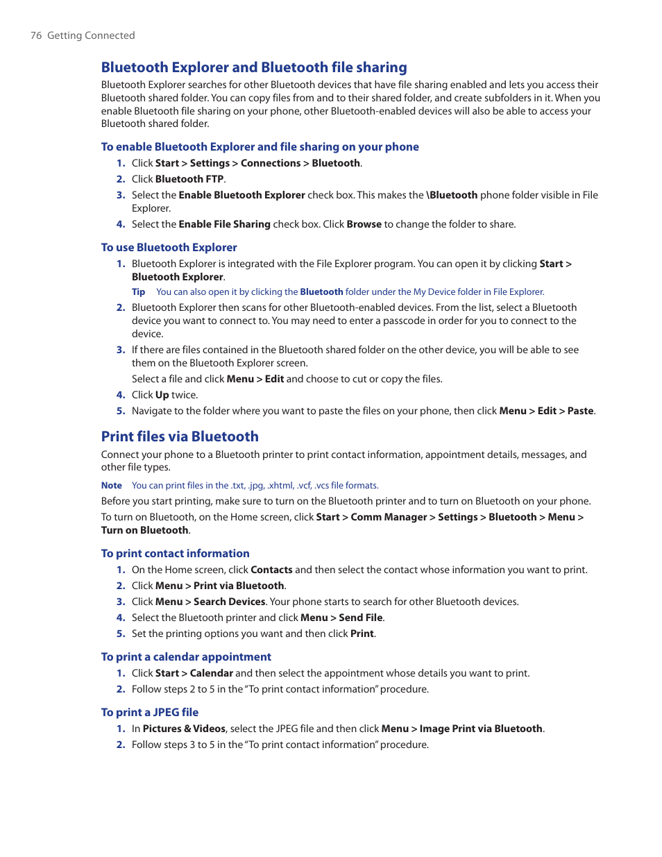 Bluetooth explorer and bluetooth file sharing, Print files via bluetooth | HTC Ozone CEDA100 User Manual | Page 76 / 102