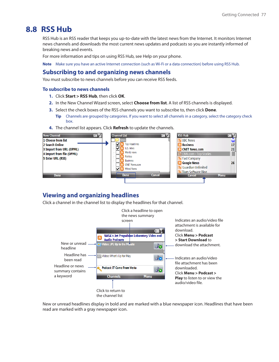 8 rss hub, Subscribing to and organizing news channels, Viewing and organizing headlines | HTC Ozone CEDA100 User Manual | Page 77 / 102