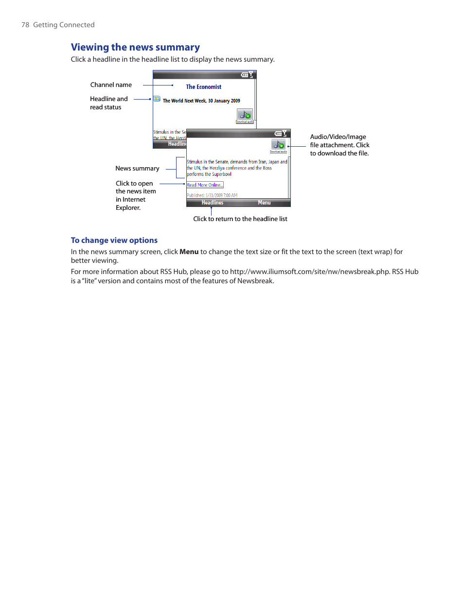 Viewing the news summary | HTC Ozone CEDA100 User Manual | Page 78 / 102