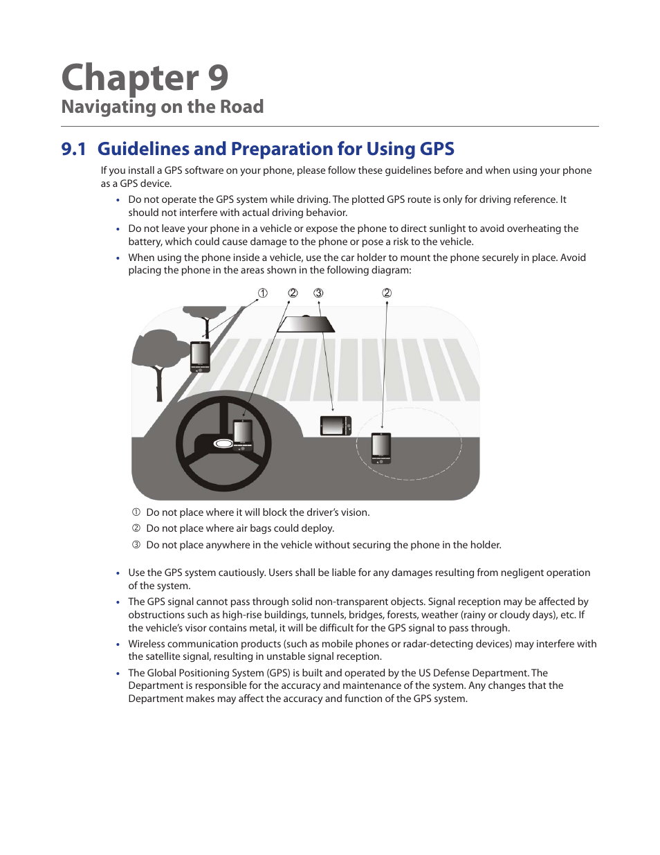 Chapter 9 navigating on the road, 1 guidelines and preparation for using gps, Chapter 9 | HTC Ozone CEDA100 User Manual | Page 79 / 102