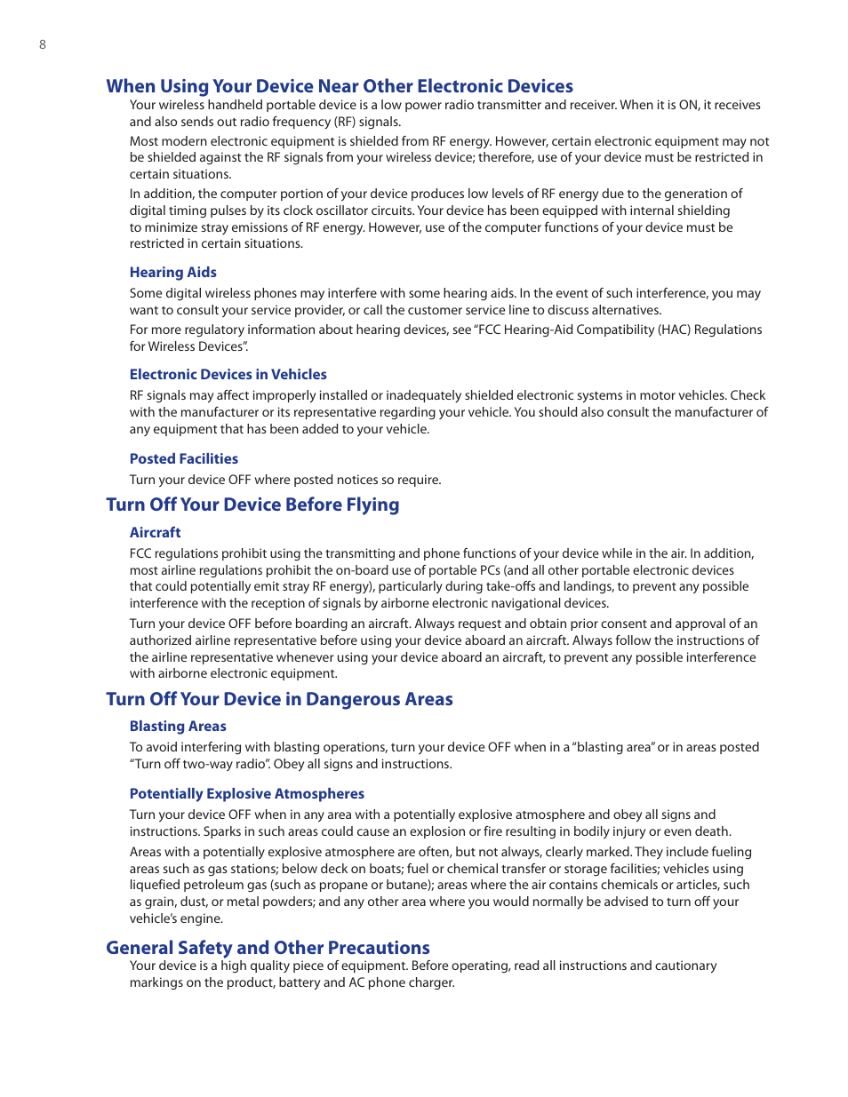 Turn off your device before flying, Turn off your device in dangerous areas, General safety and other precautions | HTC Ozone CEDA100 User Manual | Page 8 / 102