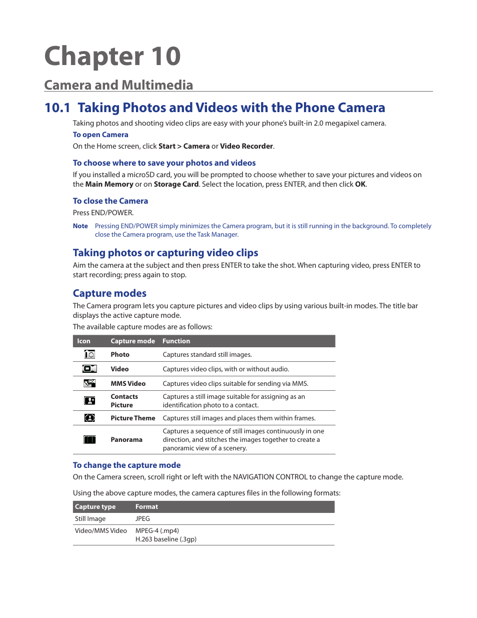 Chapter 10 camera and multimedia, 1 taking photos and videos with the phone camera, Taking photos or capturing video clips | Capture modes, Chapter 10 | HTC Ozone CEDA100 User Manual | Page 81 / 102