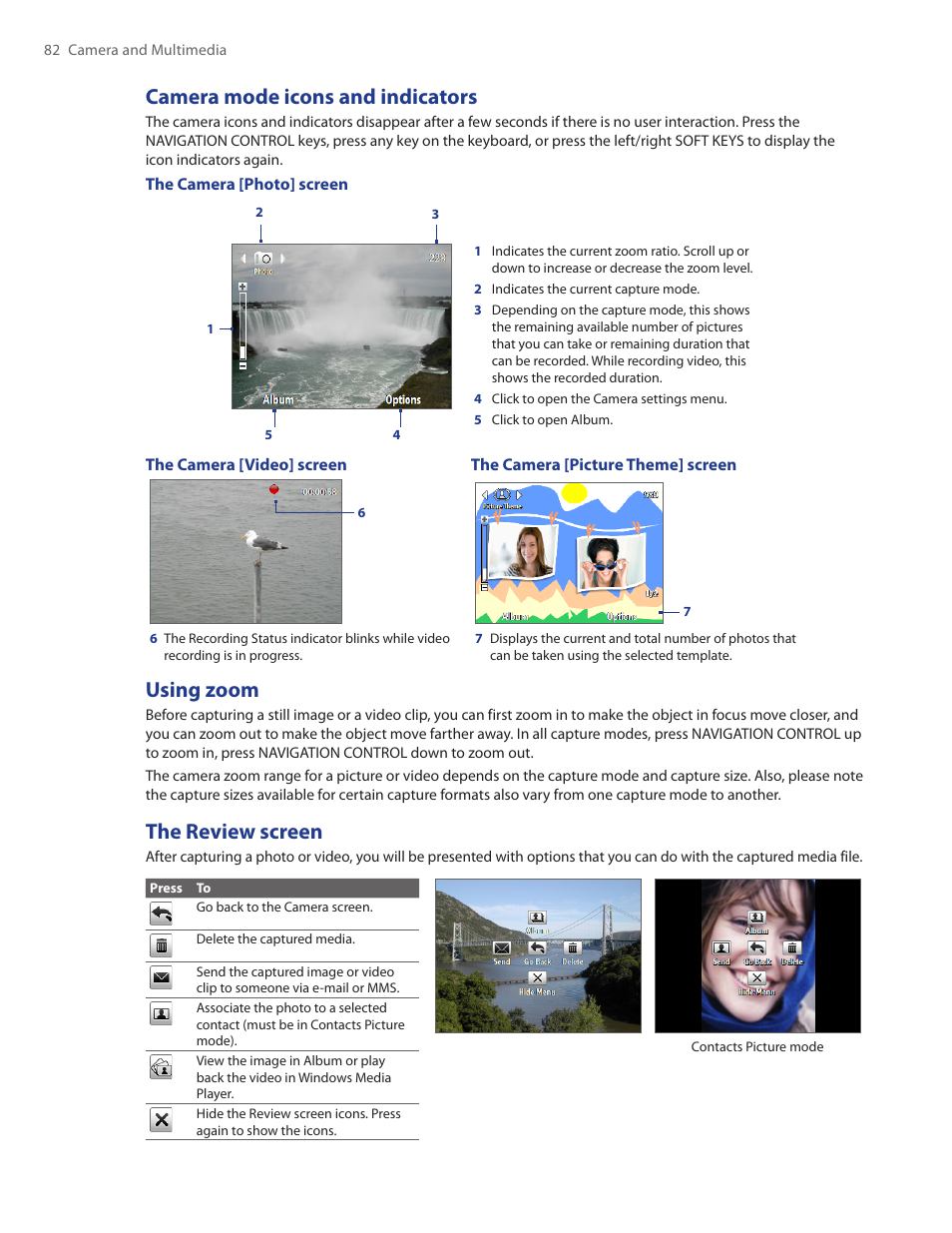 Camera mode icons and indicators, Using zoom, The review screen | HTC Ozone CEDA100 User Manual | Page 82 / 102