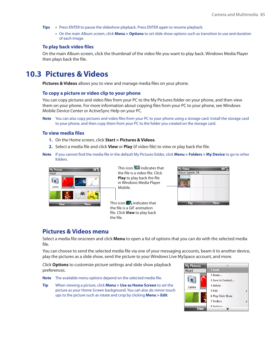 3 pictures & videos, Pictures & videos menu | HTC Ozone CEDA100 User Manual | Page 85 / 102