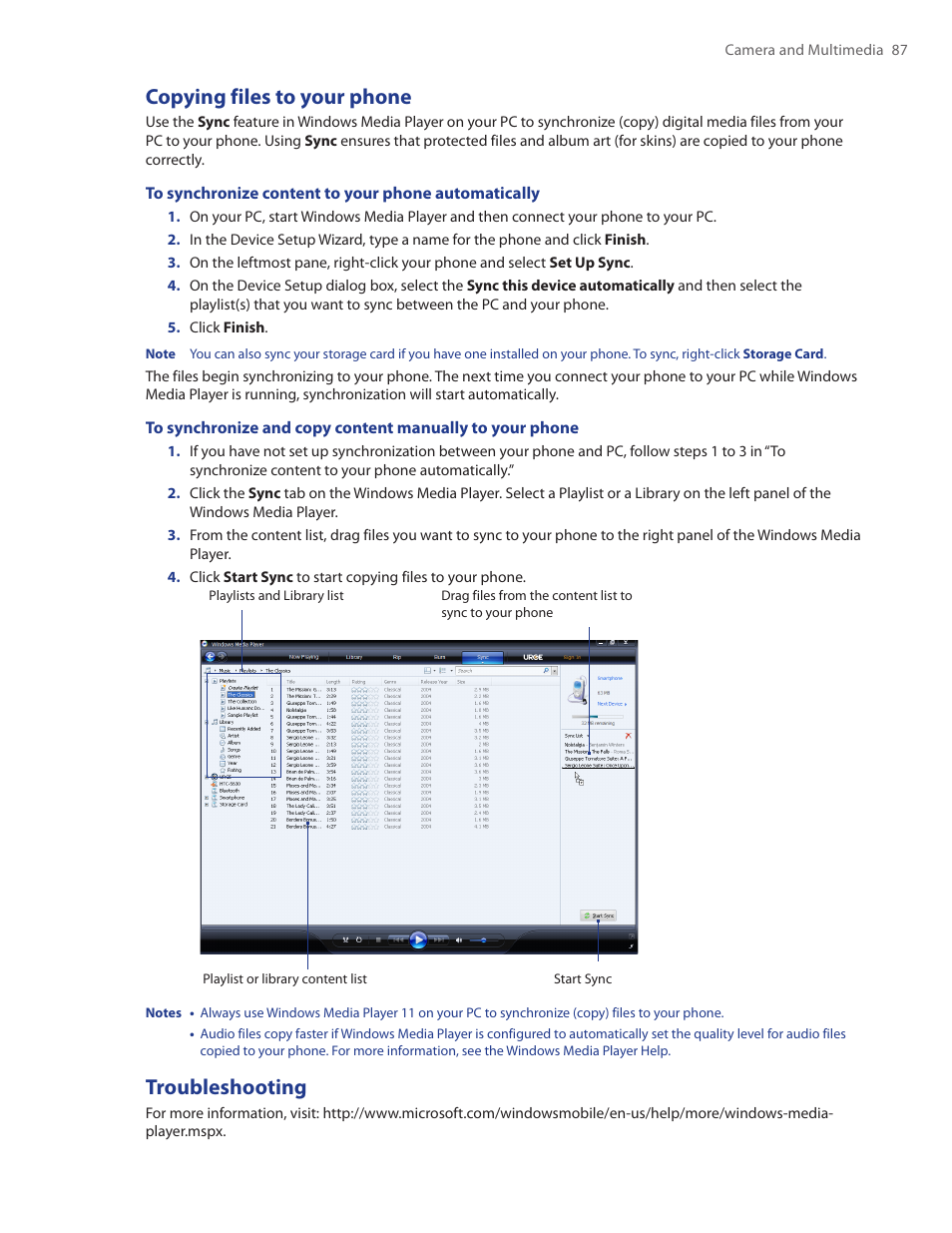 Copying files to your phone, Troubleshooting, Copying files to your phone troubleshooting | HTC Ozone CEDA100 User Manual | Page 87 / 102