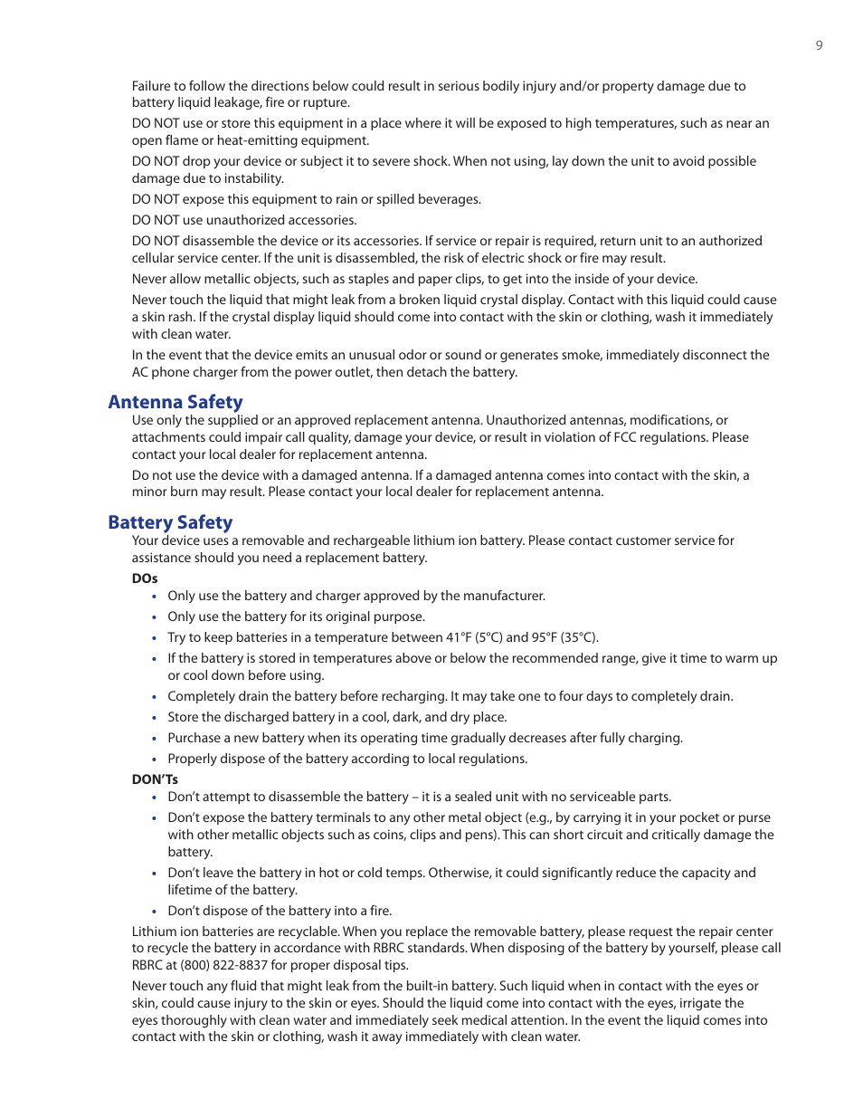 Antenna safety, Battery safety | HTC Ozone CEDA100 User Manual | Page 9 / 102