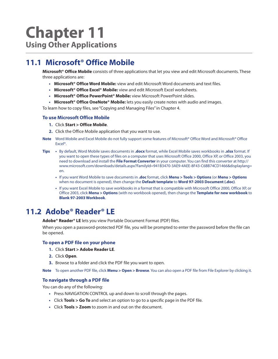 Chapter 11 using other applications, 1 microsoft® office mobile, 2 adobe® reader® le | 1 microsoft® office mobile 11.2 adobe® reader® le, Chapter 11 | HTC Ozone CEDA100 User Manual | Page 91 / 102