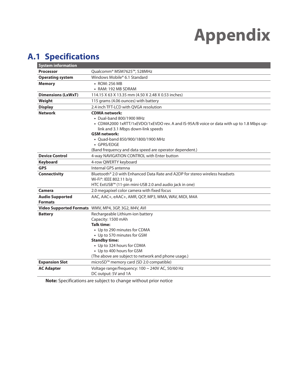 Appendix, A.1 specifications | HTC Ozone CEDA100 User Manual | Page 93 / 102
