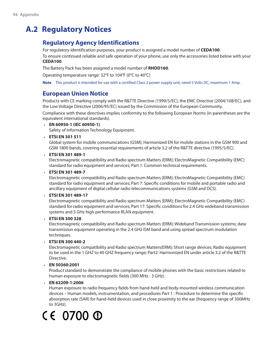 A.2 regulatory notices, Regulatory agency identifications, European union notice | HTC Ozone CEDA100 User Manual | Page 94 / 102