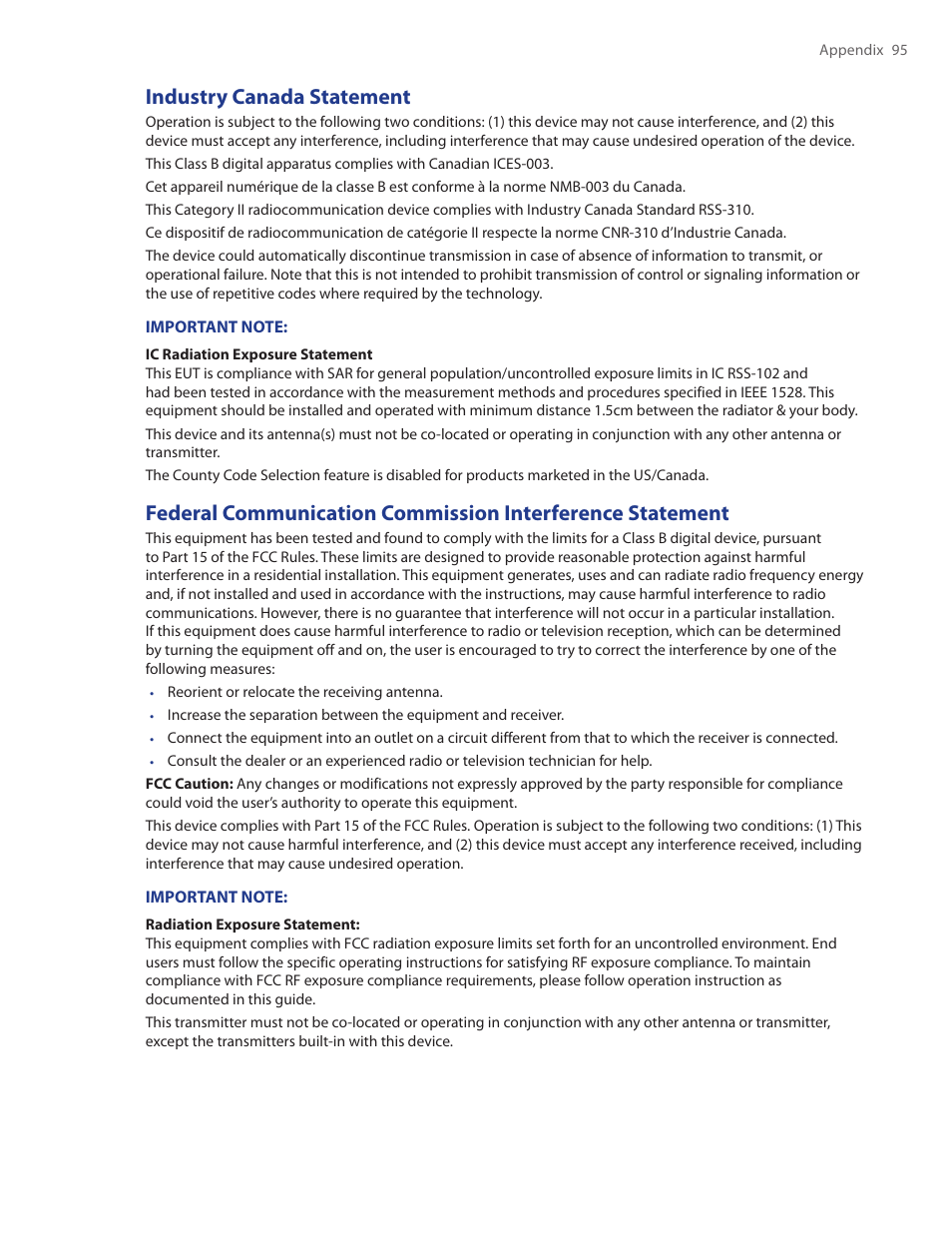 Industry canada statement | HTC Ozone CEDA100 User Manual | Page 95 / 102
