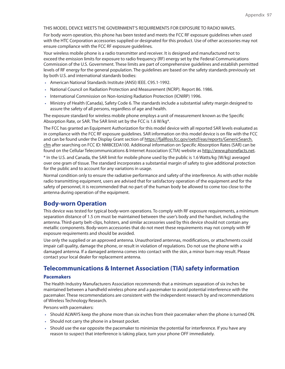 Body-worn operation | HTC Ozone CEDA100 User Manual | Page 97 / 102