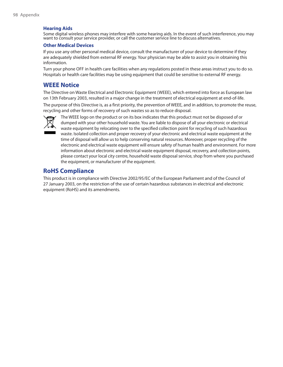 Weee notice, Rohs compliance | HTC Ozone CEDA100 User Manual | Page 98 / 102
