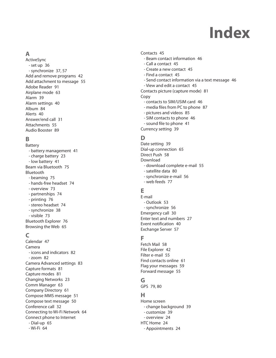 Index | HTC Ozone CEDA100 User Manual | Page 99 / 102