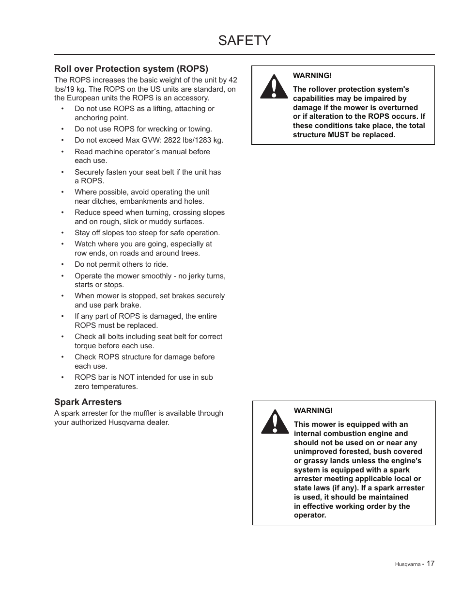 Roll over protection system (rops), Spark arresters, Safety | HTC LZC5227 / 965879701 User Manual | Page 17 / 76