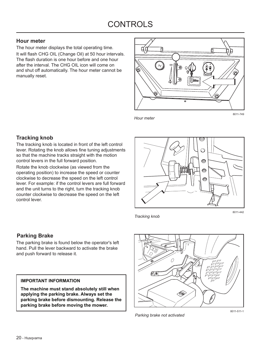 Hour meter, Tracking knob, Parking brake | Controls | HTC LZC5227 / 965879701 User Manual | Page 20 / 76