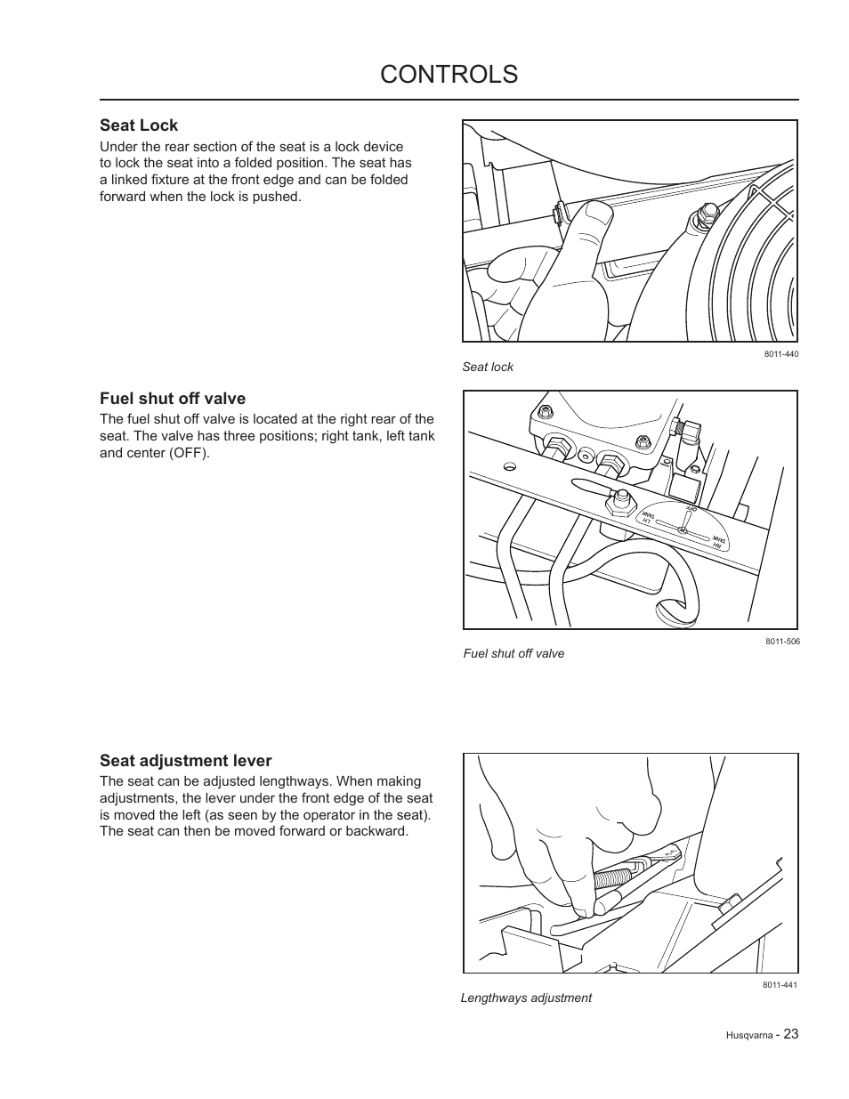 Seat lock, Fuel shut off valve, Seat adjustment lever | Controls | HTC LZC5227 / 965879701 User Manual | Page 23 / 76