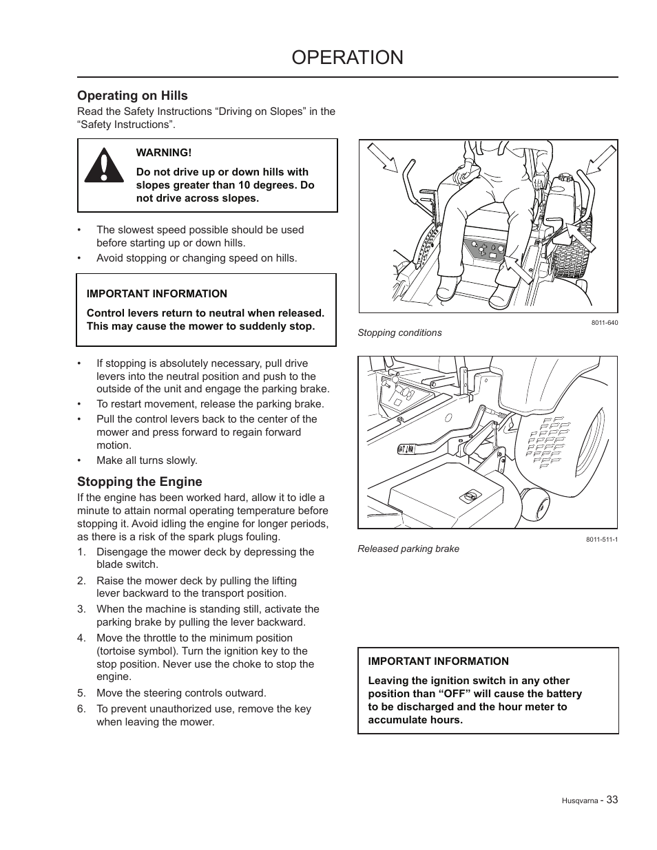 Operating on hills, Stopping the engine, Operation | HTC LZC5227 / 965879701 User Manual | Page 33 / 76