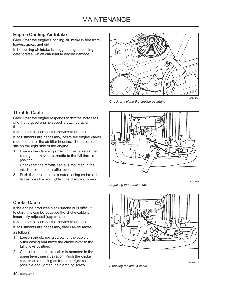 Engine cooling air intake, Throttle cable, Choke cable | Maintenance | HTC LZC5227 / 965879701 User Manual | Page 40 / 76