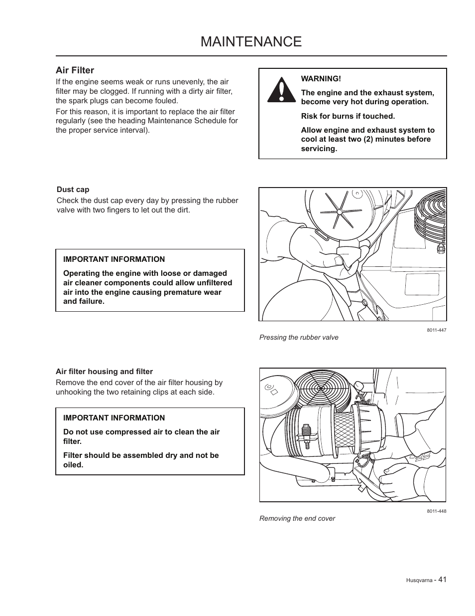 Air filter, Maintenance | HTC LZC5227 / 965879701 User Manual | Page 41 / 76