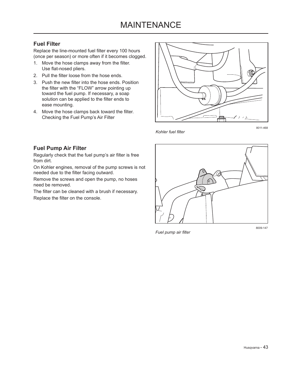 Fuel filter, Fuel pump air filter, Maintenance | HTC LZC5227 / 965879701 User Manual | Page 43 / 76