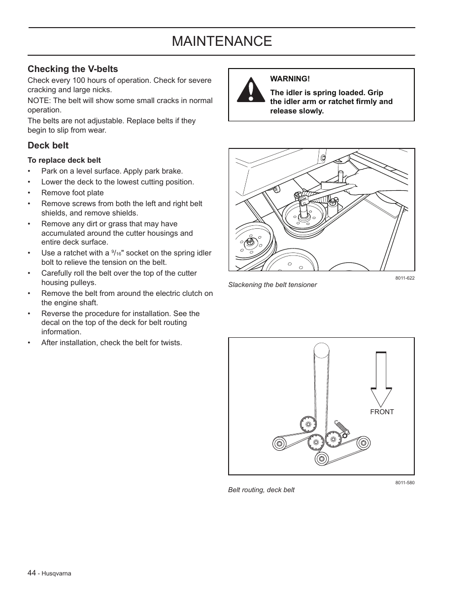 Checking the v-belts, Deck belt, Maintenance | HTC LZC5227 / 965879701 User Manual | Page 44 / 76