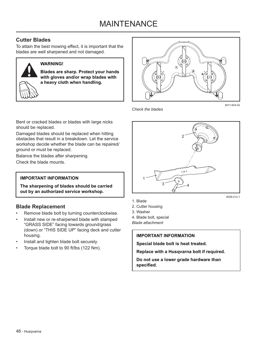 Cutter blades, Maintenance | HTC LZC5227 / 965879701 User Manual | Page 46 / 76