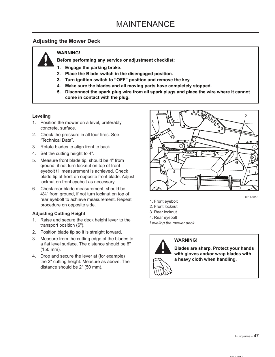 Adjusting the mower deck, Leveling, Adjusting cutting height | Maintenance | HTC LZC5227 / 965879701 User Manual | Page 47 / 76