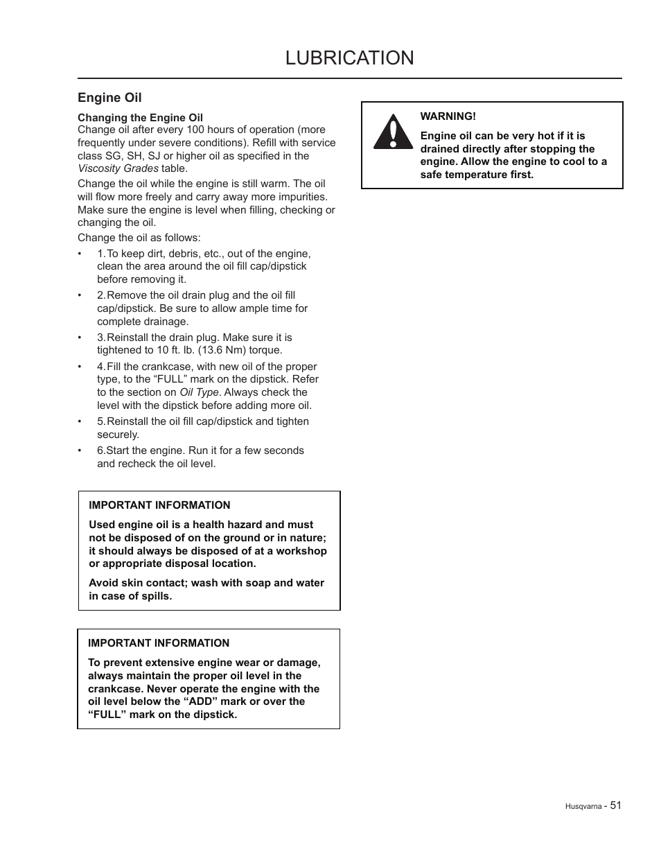 Engine oil, Lubrication | HTC LZC5227 / 965879701 User Manual | Page 51 / 76